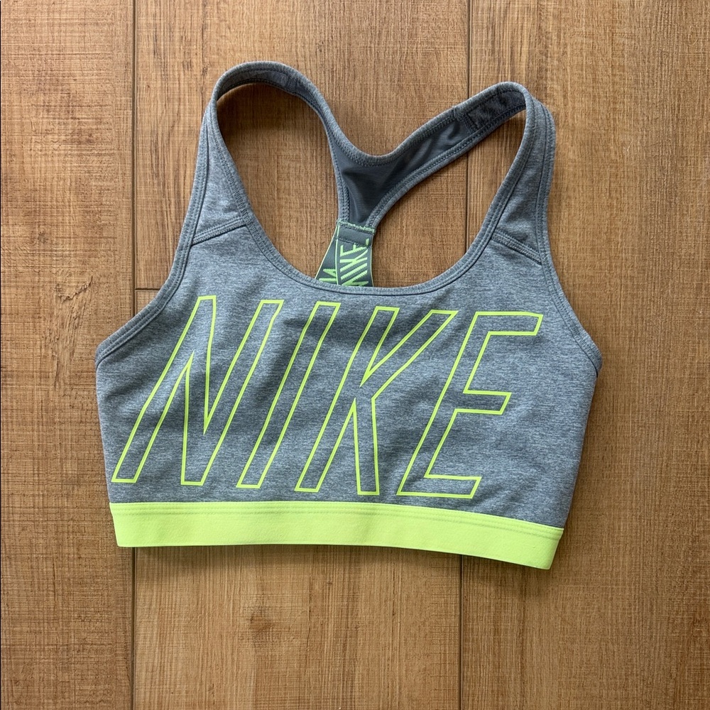 Nike Gray Sports Bra with Neon Yellow Accent Size medium good condition